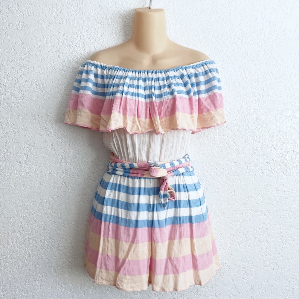 Mara Hoffman Swim Wheatfield Striped Off Shoulder Romper MEDIUM Blue Pink